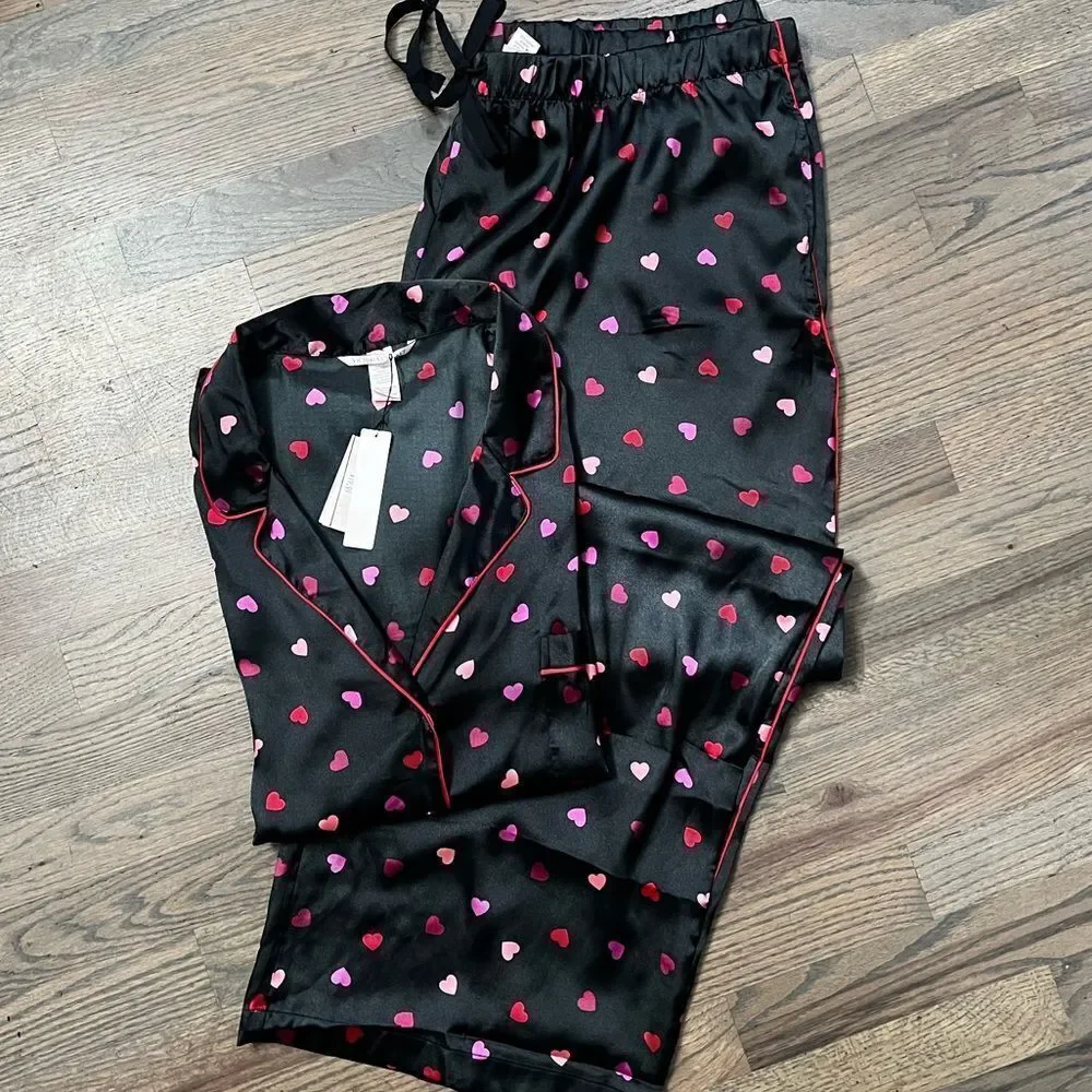 Victorias Secret Hearts SATIN button down top & bottoms pant pajama Set XXL